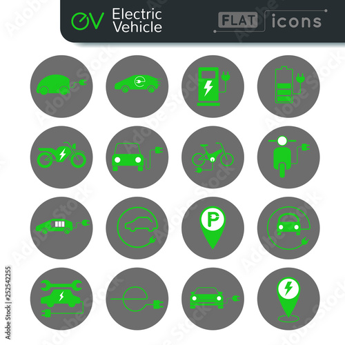 Electric vehicle flat icon set in green and gray color