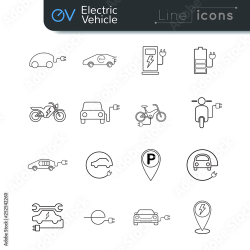 Electric vehicle line icon set  black on white BG
