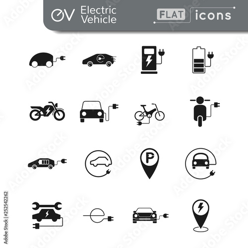 Electric vehicle flat icon set in monochrome color