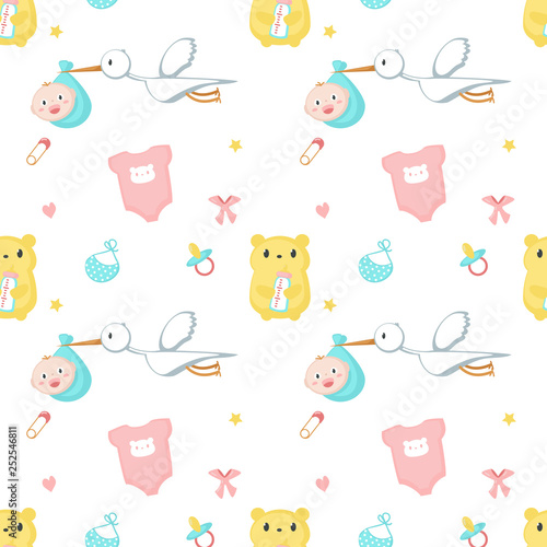 Baby shower vector seamless pattern with newborn items