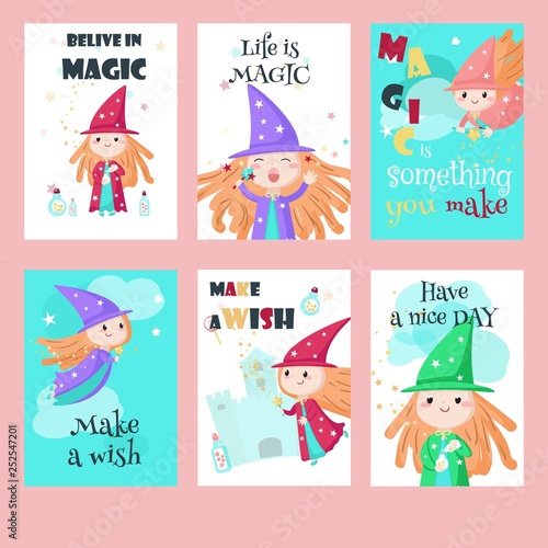 Billede på lærred Vector set of cards with cute little enchantresses