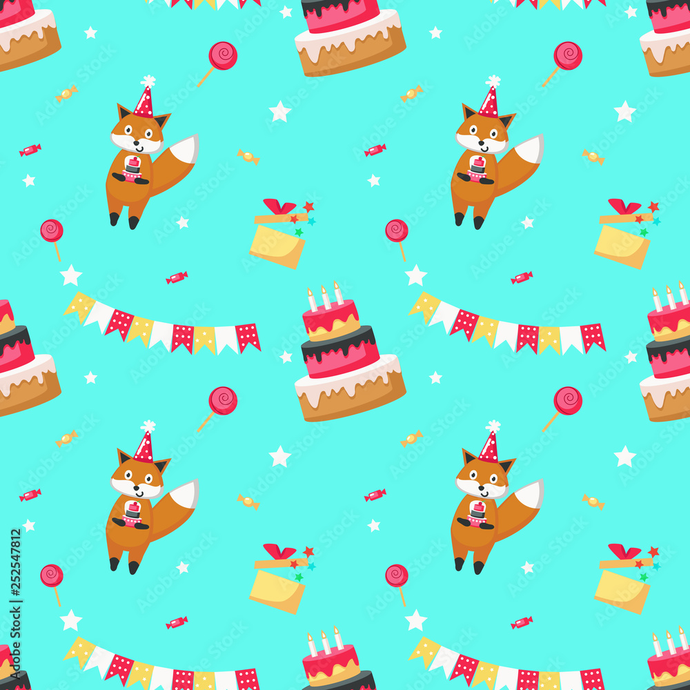 Naklejka premium Happy birthday vector seamless pattern with cute fox