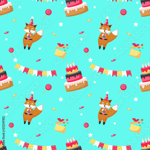 Happy birthday vector seamless pattern with cute fox