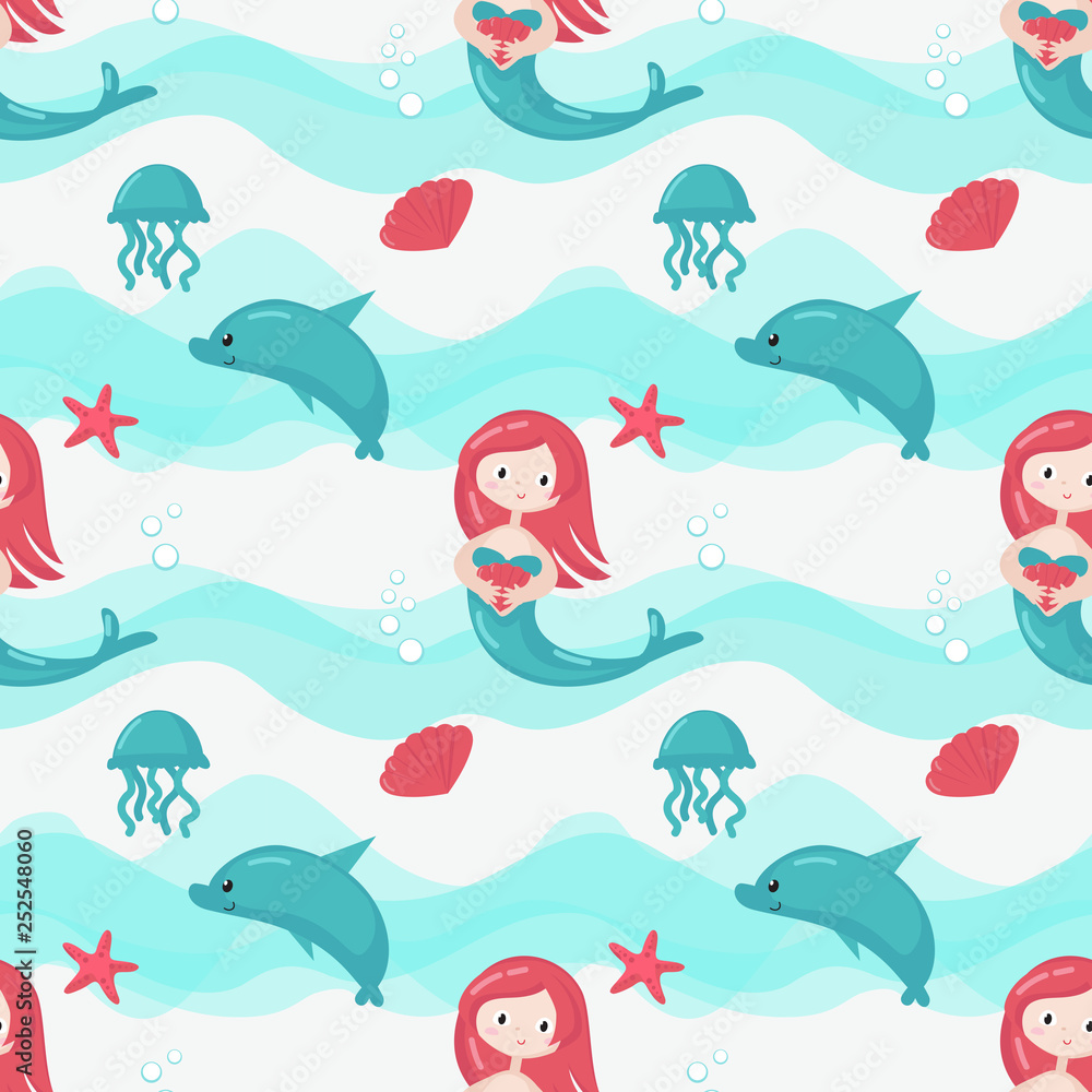 Fototapeta premium Vector seamless pattern with cute little mermaids