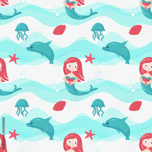 Vector seamless pattern with cute little mermaids