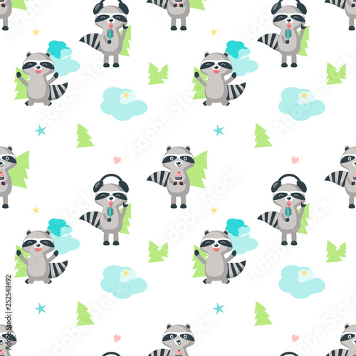 Vector seamless pattern with cute funny raccoons