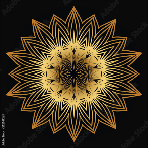 Vector Round Abstract Mandala Style Decorative Element. Hand-Drawn Vector Illustration. Can Be Used For Textile, Greeting Card, Coloring Book, Phone Case Print. Luxury black gold color