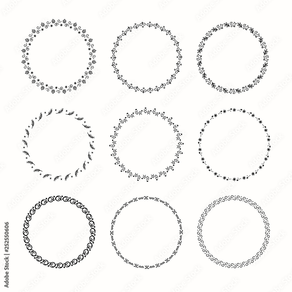 Holiday collection of vector graphic circle frames. Wreaths for Christmas design