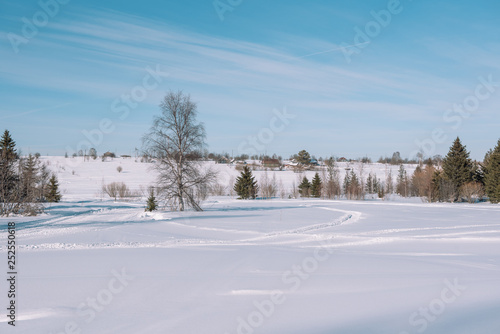 Traces of snowman in the forest. Snowmobile ride. On a snowmobile in the forest. Winter landscape. © Sergey_Siberia88