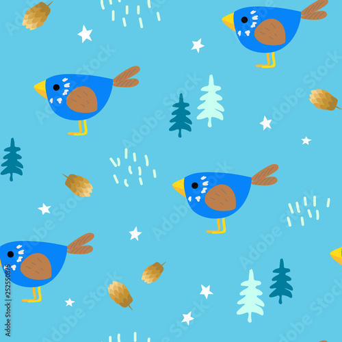 Funny birds among the forest thicket. Cute children's seamless pattern. Bright ornament is great for prints, textiles, covers, gift wrappers, backdrops.