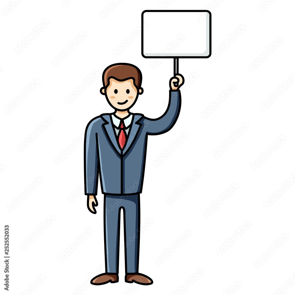 Business man holding a white sign. Protesting man. Infographic element. Vector character Business man holding a white sign. Protesting man. Infographic element. Vector character