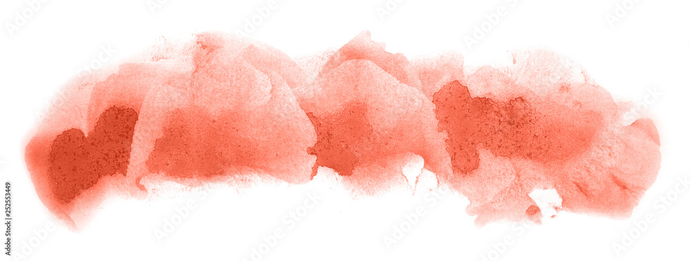 Abstract watercolor background hand-drawn on paper. Volumetric smoke elements. Red-orange color. For design, web, card, text, decoration, surfaces.