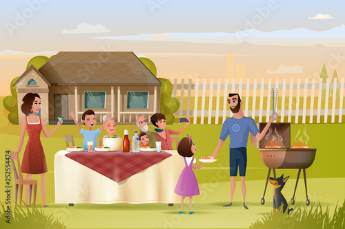 Big Family Holiday Dinner or Picnic Cartoon Vector