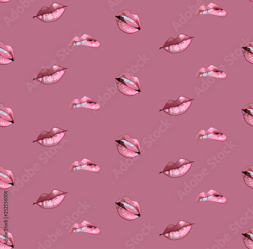 Lips pattern. Vector seamless pattern with woman s pink kissing