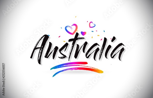 Australia Welcome To Word Text with Love Hearts and Creative Handwritten Font Design Vector.