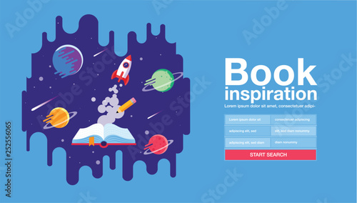 open book; space background; school; reading and learning; Imagination and inspiration picture. Fantasy and creative; Vector flat illustration.