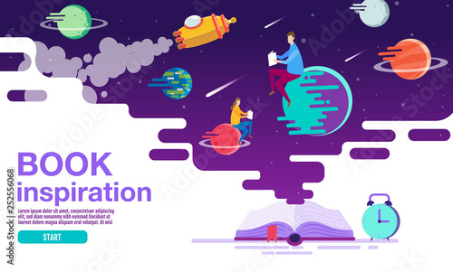 open book, space background, school, reading and learning , Imagination and inspiration picture. Fantasy and creative ,Vector flat illustration.