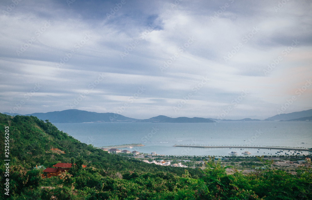 View from the mountains to the village by the sea in Vietnam