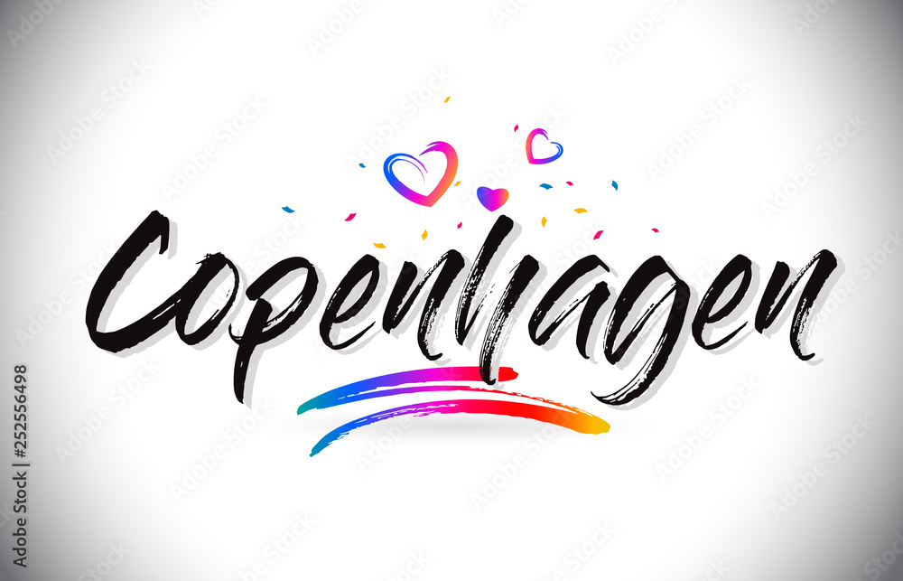 Copenhagen Welcome To Word Text with Love Hearts and Creative Handwritten Font Design Vector.