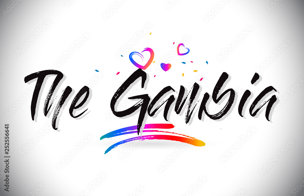 The Gambia Welcome To Word Text with Love Hearts and Creative Handwritten Font Design Vector.