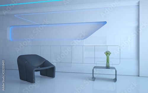 Futuristic interior design. Living room of the future. New technology. 3D illustrations