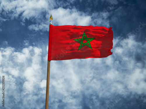 Morocco flag Silk waving flag of Morocco made transparent fabric with wooden flagpole gold spear on background sunny blue sky white smoke clouds real retro photo Countries of world 3d illustration