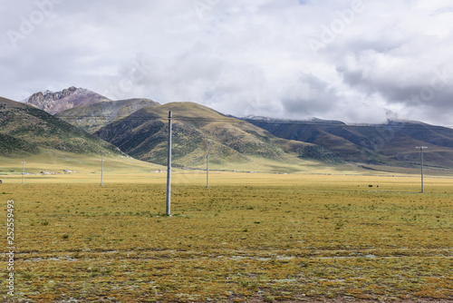 View of grass filed on the east side of the Nyenchen Tanglha Mountains range in Damxung(Dangxiaong) County, Lhasa, Tibet, China. photo