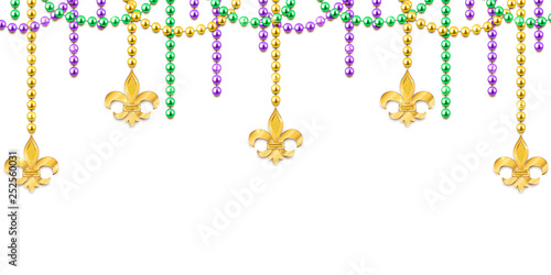 Mardi Gras decorative background with colorful traditional beads and gold symbols, vector illustration