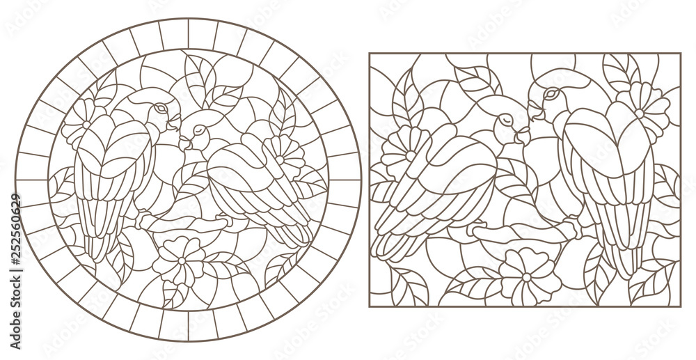 Obraz premium A set of contour illustrations of stained glass Windows with parrots lovebirds and flowers, dark contours on a white background