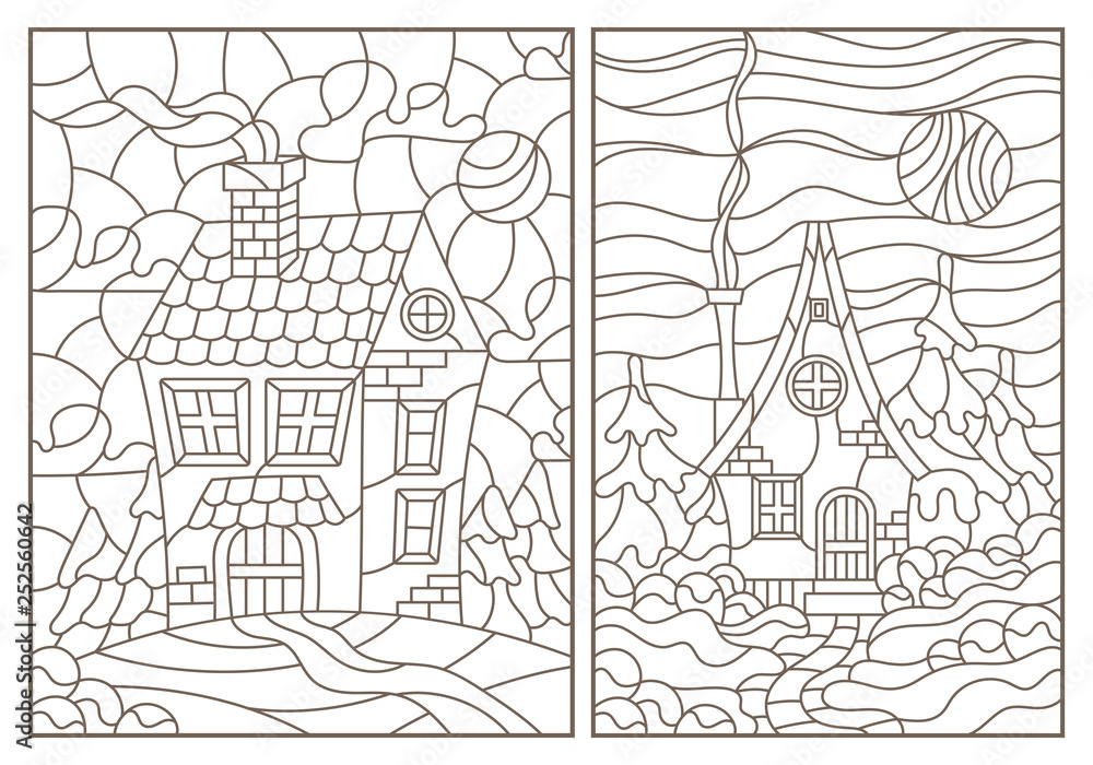 A set of contour illustrations of stained glass Windows with rustic houses on the background of landscapes, dark contours on a white background