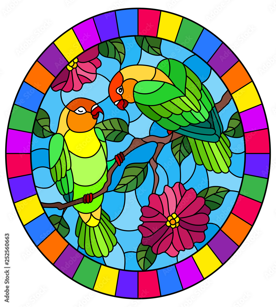 Obraz premium Illustration in stained glass style with pair of birds parrots lovebirds on branch tree with pink flowers against the sky, oval image in bright frame