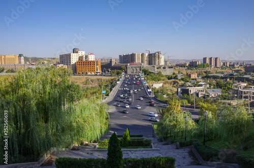 Traffic on Victory Bridge over Hrazdan gorge.  Yerevan cityscape. Armenia photo