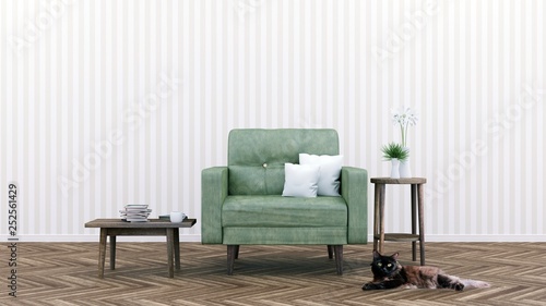 Living room with Green Leather sofa, Minimal Rustic, 3D Rendering