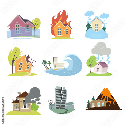 Set of natural disasters with isolated outdoor compositions of living houses