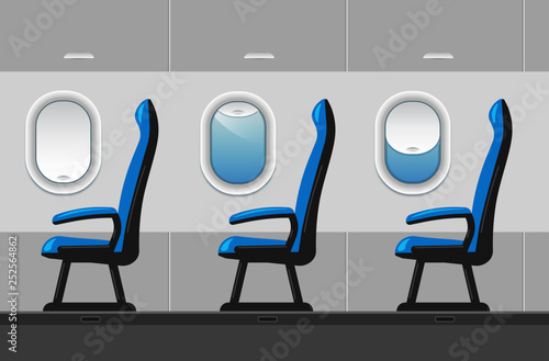 Vector airplane interior illustration in a trendy style. Aircraft passenger blue seat near window or aisle. Plane cabin with portholes. Business Class template.