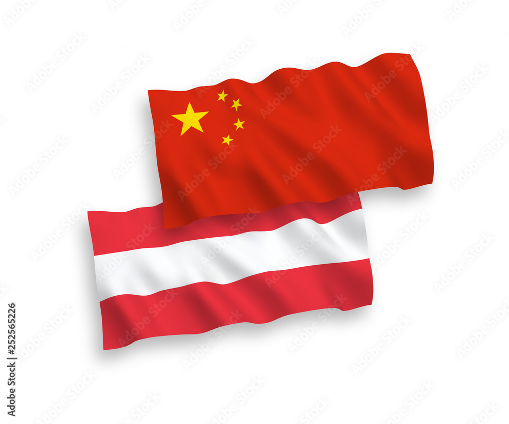 National vector fabric wave flags of Austria and China isolated on white background 1 to 2 proportion.