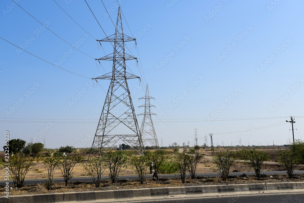 High voltage electrical pole structure in Rajkot, Gujarat, India