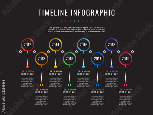corporate history timeline on black background. business infographics with 8 paper cut elements. company presentation slide template. modern vector milestones graphic elements