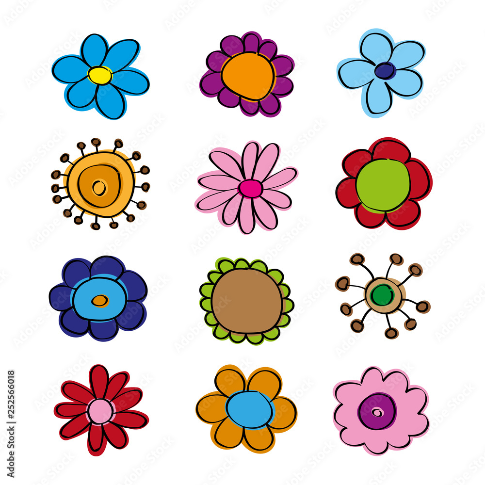 Set of happy hand drawn colored flower icons Set of happy hand drawn colored flower icons