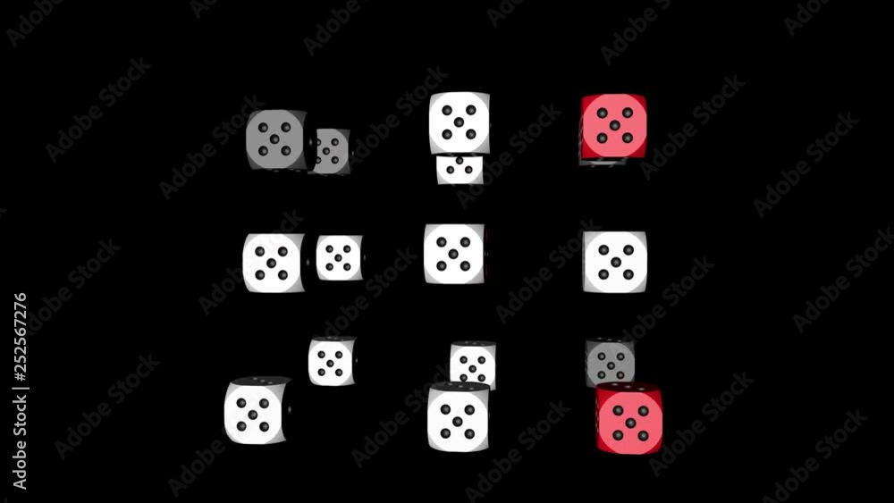 Red White Dice Loop Moving, 3D Rendering Animation on Black Background Red White Dice Loop Moving, 3D Rendering Animation on Black Background