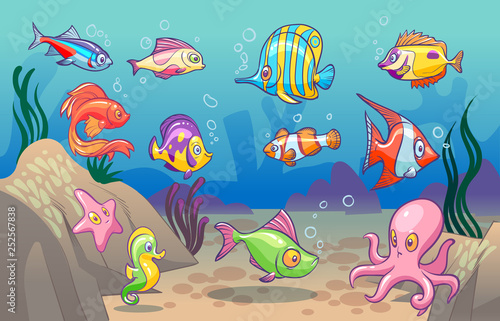 Underwater scene. Cute sea tropical fishes ocean underwater animals. Undersea bottom with corals seaweeds kids concept