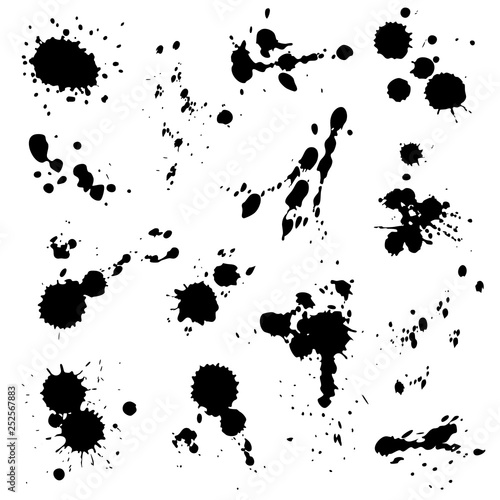 Black ink spots set. Inked splatter dirt stain splattered spray splashes with drops blots isolated vector collection