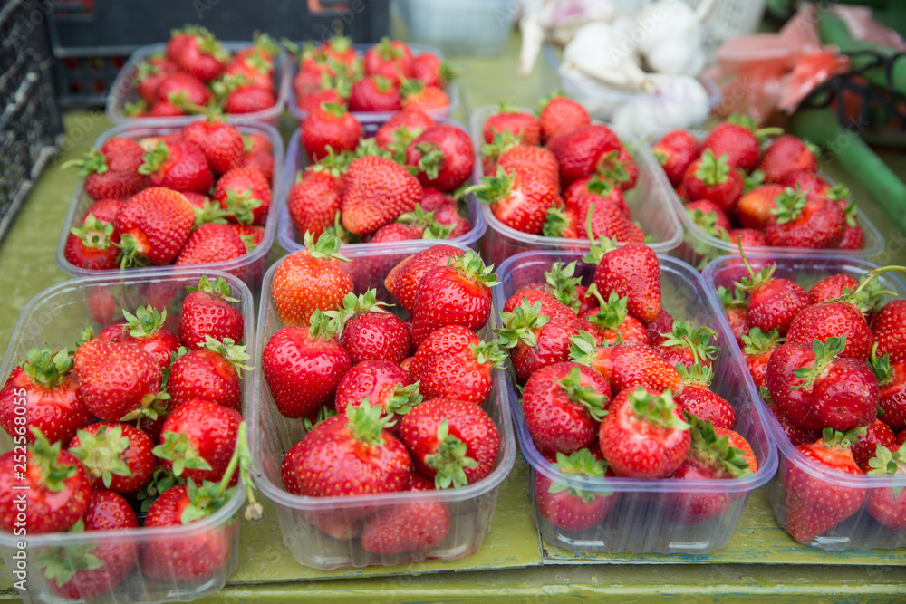 A lot of ripe organic homegrowm bright red strawberries lying in plastic containers ready for sale to vegetarians A lot of ripe organic homegrowm bright red strawberries lying in plastic containers ready for sale to vegetarians