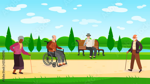 Old people walking park. Outdoors character grandpa grandma walk bench bicycle elderly man woman active pensioner banner