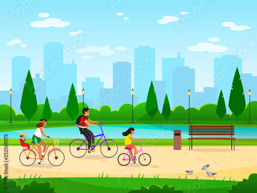 Family cycling. Active family vacation riding bikes lifestyle sport park leisure activities happy group, cartoon image