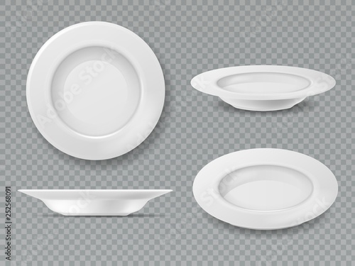 Food white plate. Empty plate top view dish bowl side view kitchen breakfast ceramic cooking porcelain isolated set