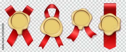 Gold wax. Red ribbons with original candle waxing rubber vintage document envelope seals royal mail stamps set