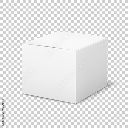 Empty white box. Cardboard cubic cosmetic box blank package with shadows medicine product packaging vector template