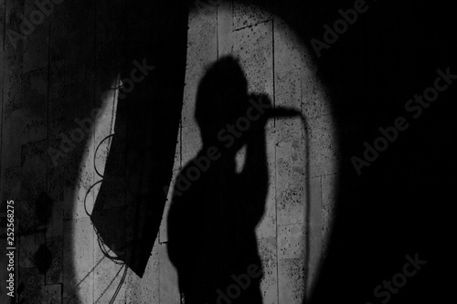 A shade silhouette of a band singer singing into his microsophone in a round spotlight