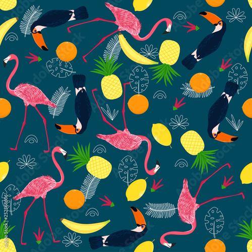 seamless pattern with pink flamingo and toucan - vector illustration, eps